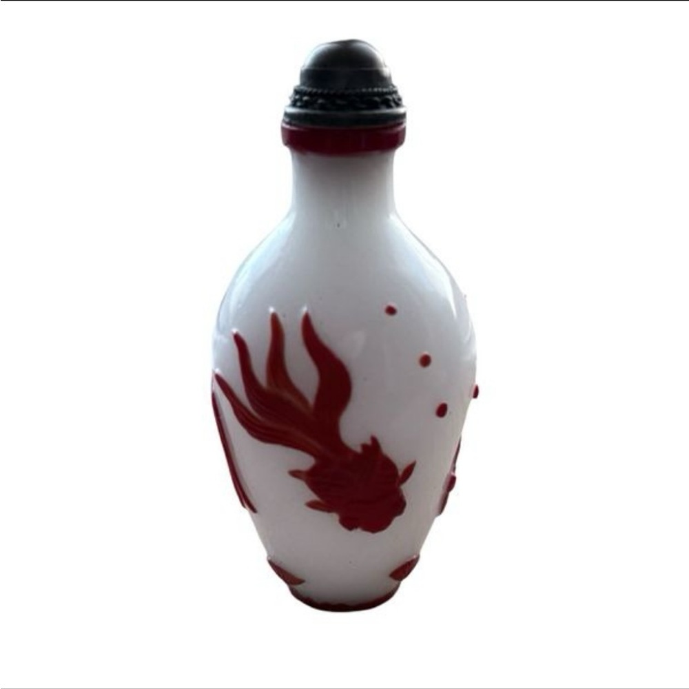 Antique Chinese Snuff Bottle Glass with Red Overlay of Koi Fish